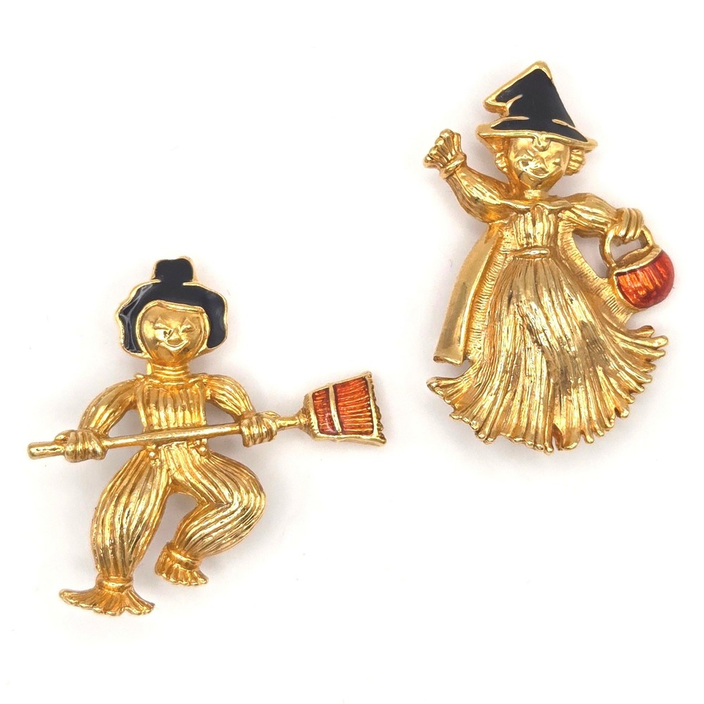 AVON Vintage Gold Tone Halloween Witch and Scarecrow Brooch Set Pumpkin Broom‎